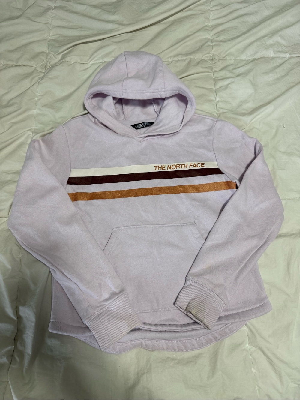 The North Face kids Lavender Crewneck Hoodie with Brown and Tan Stripes